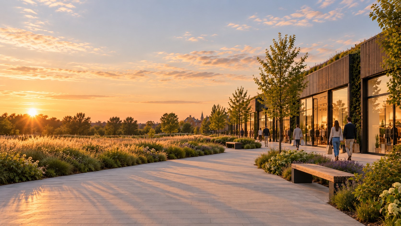Groen winkelpark in avondlicht
